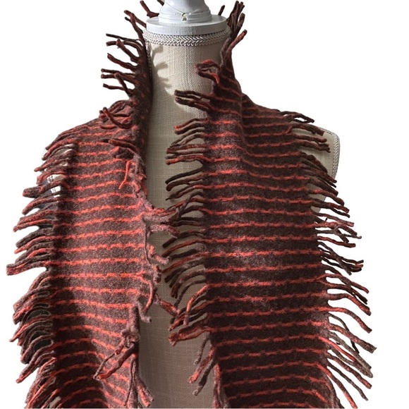 Brown & Orange 100% Irish Wool Reversible Dot Print /Stripe Print Frilly Scarf - Picture 8 of 9